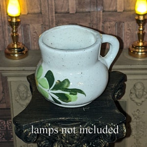 LG Dollhouse 2&quot; Wide Miniature Vintage Handmade Pottery Cup Mug Pitcher Vase Green White Floral 1:6