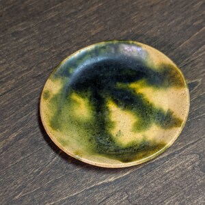 Miniature 2.75&quot; Hand Made Pottery Platter Green Brown Majolica like