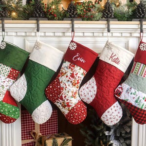 Personalized Quilted Christmas Stocking, Patchwork Design,  Country Farmhouse Decor, Rose Cottage Patterns