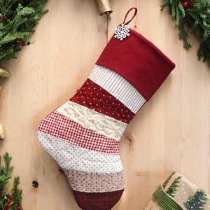 Personalized Quilted Christmas Stocking: Red Parchwork Design, Farmhouse Decor