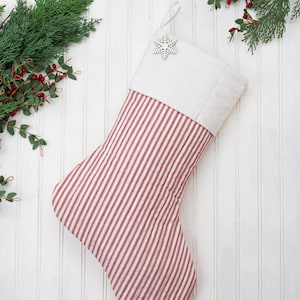 Personalized Quilted Christmas Stocking: Red Ticking Farmhouse Decor