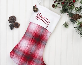 Flannel Christmas Stocking, Plaid Flannel Christmas Stocking, Farmhouse Christmas Stocking, Family Christmas Stockings, Red Plaid Stocking