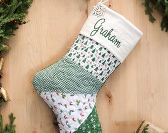 Personalized Quilted Christmas Stocking, Patchwork Design, Farmhouse Decor