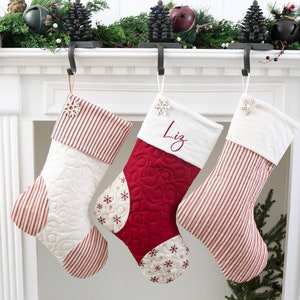 Quilted Christmas Stocking, Set of Three (3) Stockings, Christmas Quilted Stocking, Rose Cottage Patterns