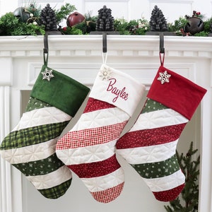Quilted Christmas Stocking, Set of Three (3) Stockings, Candy Cane Striped Stockings, Christmas Quilted Stocking, Rose Cottage Patterns