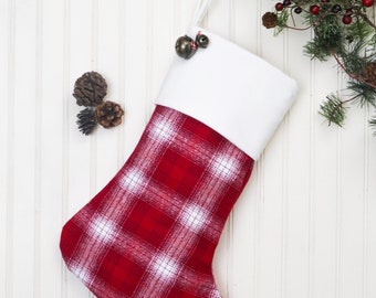 Flannel Christmas Stocking, Plaid Flannel Christmas Stocking, Farmhouse Christmas Stocking, Family Christmas Stockings, Red Plaid Stocking
