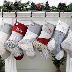 One (1) Single Quilted Christmas Stocking, Gray Christmas Stocking, Farmhouse Christmas Stocking, Personalized Christmas Stockings