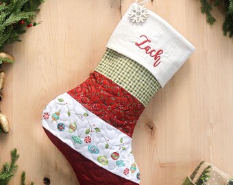 Personalized Quilted Christmas Stocking, Patchwork Design, Farmhouse Decor