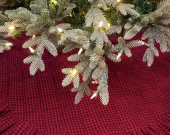 Red Plaid Quilted Christmas Tree Skirt, Ruffled Farmhouse Decor