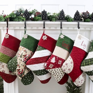 One (1) Single Quilted Christmas Stocking, Red and Green Christmas Stocking, Farmhouse Christmas Stocking, Personalized Christmas Stockings