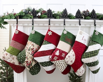 One (1) Single Quilted Christmas Stocking, Red and Green Christmas Stocking, Farmhouse Christmas Stocking, Personalized Christmas Stockings