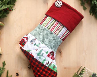 Calcetín navideño acolchado personalizado, diseño de patchwork, decoración estilo granja.