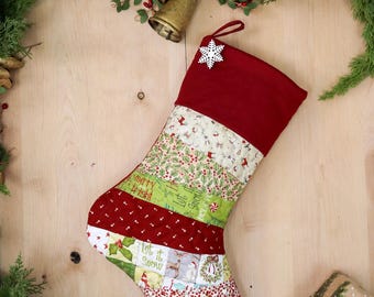 Personalized Quilted Christmas Stocking, Patchwork Design,  Farmhouse Decor