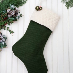 Personalized Green Flannel Christmas Stocking: Farmhouse Style, Jingle Bells
