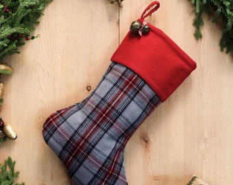 Plaid Flannel Christmas Stocking, Embroidery Option, Farmhouse Style with Jingle Bells