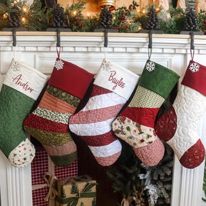 Quilted Christmas Stocking, Patchwork Design, Embroidered Cuff, Country Farmhouse Decor