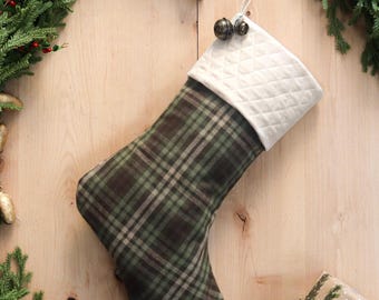Plaid Flannel Christmas Stocking, Embroidery Option, Country Farmhouse Decor