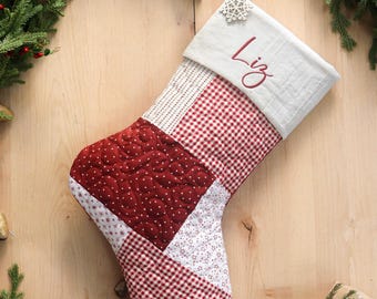 Personalized Quilted Christmas Stocking, Patchwork Design, Farmhouse Decor