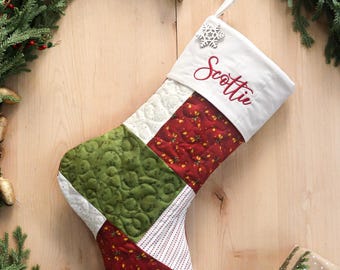 Personalized Quilted Christmas Stocking: Farmhouse Patchwork Design