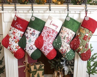 Quilted Christmas Stocking, Patchwork Design, Embroidered Cuff, Country Farmhouse Decor