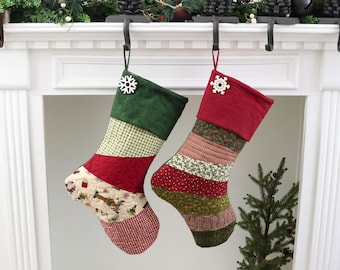 Quilted Christmas Stocking, Set of Two (2) Stockings, Christmas Quilted Stocking, Farmhouse Christmas Stockings, Rose Cottage Patterns