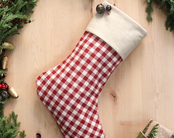 Red Plaid Flannel Christmas Stocking, Embroidery Option, Country Farmhouse Decor