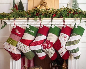 Personalized Quilted Christmas Stocking, Patchwork Design, Farmhouse Decor
