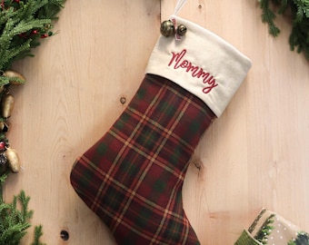 Plaid Flannel Christmas Stocking, Embroidery Option, Country Farmhouse Decor
