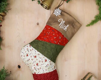 Personalized Quilted Christmas Stocking: Patchwork Design, Farmhouse Country Decor