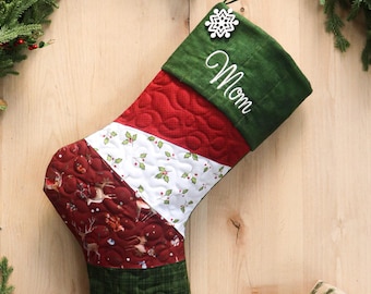 Personalized Quilted Christmas Stocking, Patchwork Design, Farmhouse Decor