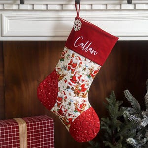 パーソナライズされたキルティングクリスマスストッキング、パッチワークデザイン、ファームハウス装飾