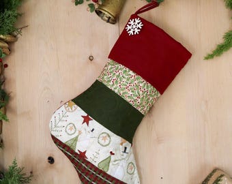 Personalized Quilted Christmas Stocking, Patchwork Design, Farmhouse Country Decor