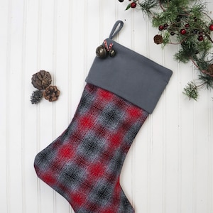 Flannel Christmas Stocking, Plaid Flannel Christmas Stocking, Farmhouse Christmas Stocking, Family Christmas Stockings, Red Plaid Stocking