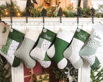 Personalized Quilted Christmas Stocking: Green Patchwork Design, Country Farmhouse Decor