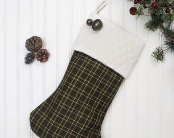 Flannel Christmas Stocking, Plaid Flannel Christmas Stocking, Farmhouse Christmas Stocking, Family Christmas Stockings, Green Plaid Stocking