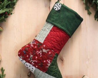 Personalized Quilted Christmas Stocking, Patchwork Design, Farmhouse Decor