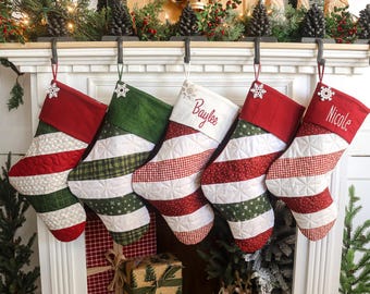 Quilted Christmas Stocking: Optional Embroidery, Candy Cane Patchwork Design, Farmhouse Decor