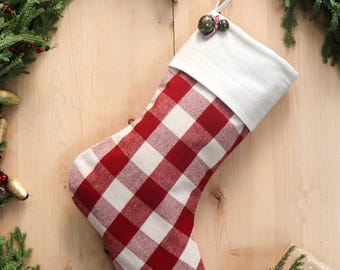 Red Plaid Flannel Christmas Stocking, Embroidery Option, Country Farmhouse Decor