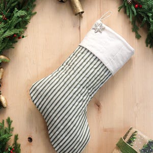 Personalized Quilted Christmas Stocking, Green Ticking Stripe, Farmhouse Decor