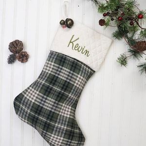 Flannel Christmas Stocking, Plaid Flannel Christmas Stocking, Farmhouse Christmas Stocking, Family Christmas Stockings, Green Plaid Stocking