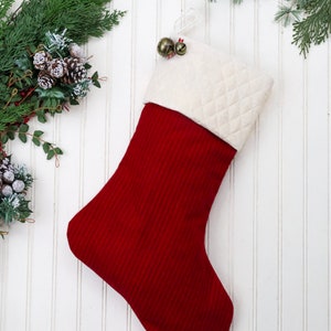 Personalized Red Flannel Christmas Stocking: Farmhouse Style, Jingle Bells