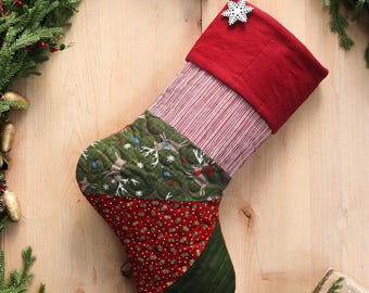 Personalized Quilted Christmas Stocking, Patchwork Design, Farmhouse Decor