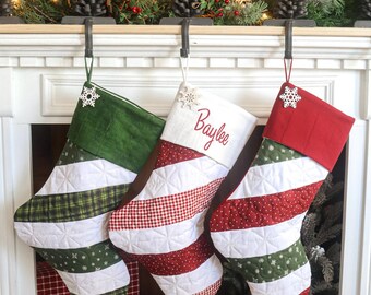 Quilted Christmas Stocking Set: Candy Cane Striped, Option of Embroidered Cuff