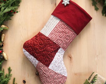 Personalized Quilted Christmas Stocking, Patchwork Design, Farmhouse Decor