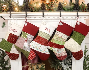 Quilted Christmas Stocking, Patchwork Design, Embroidered Cuff, Country Farmhouse Decor