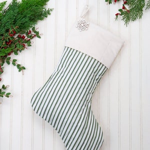 Personalized Quilted Christmas Stocking, Green Ticking Stripe, Farmhouse Decor