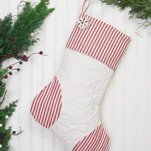Quilted Christmas Stocking. Personalized Christmas Stocking, Farmhouse Christmas Stocking, Red Ticking Christmas Stocking, Ticking Stocking