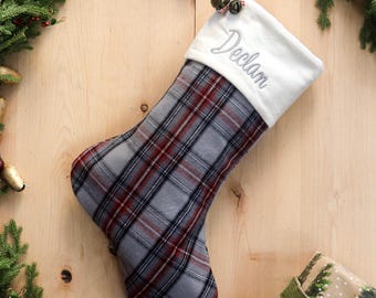 Plaid Flannel Christmas Stocking, Embroidery Option, Farmhouse Style with Jingle Bells