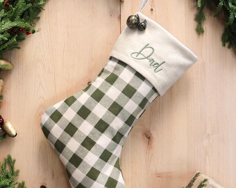 Plaid Flannel Christmas Stocking, Embroidery Option, Country Farmhouse Decor