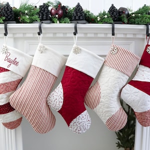 Quilted Christmas Stocking, Set of Five (5) Stockings, Christmas Quilted Stocking, Rose Cottage Patterns